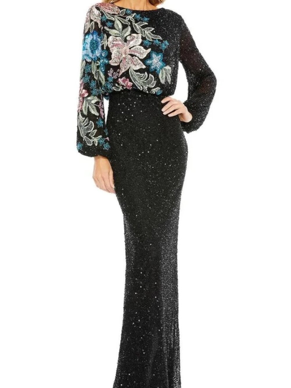 Mac Duggal Black Embellished Multi Color Floral High Neck Gown